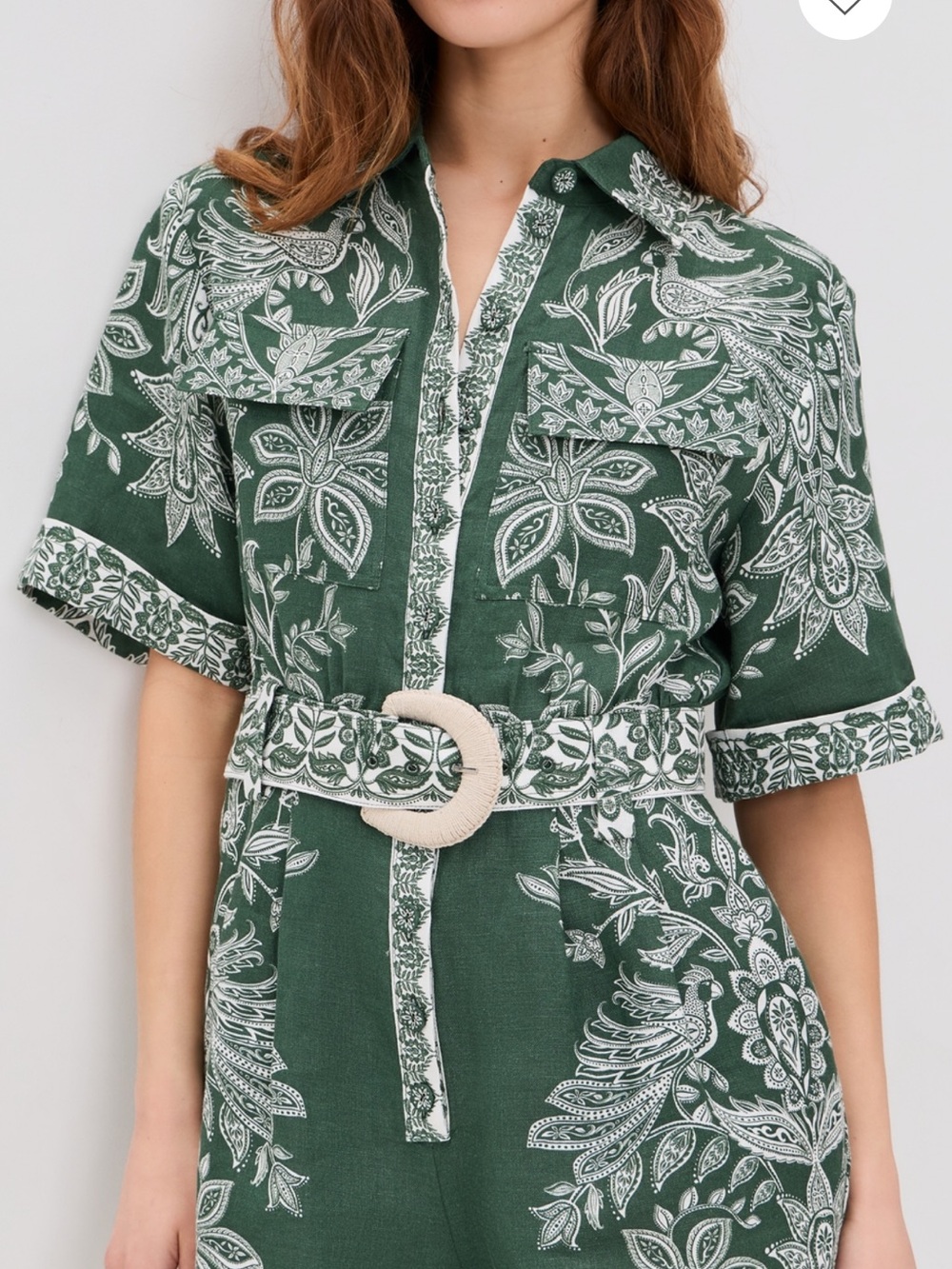 FARM Rio Forest Green and White Floral Belted Midi Romper